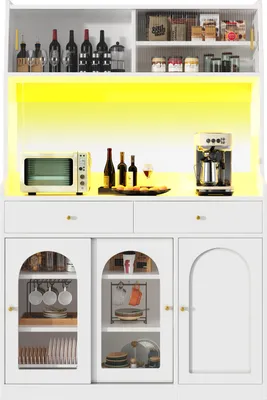 Produktbild von Sweiko Küchenschrank, Hochschrank, Vitrinenschrank, Buffetschrank mit Verstellbaren Ablagen, Esszimmerschrank mit 2 Schubladen,Sideboard mit LED-Beleuchtung,Variable Lichtfarben,Weiß