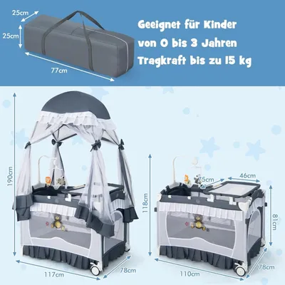 Immagine prodotto di Lettino da viaggio 4 in 1 con baldacchino e materasso, grigio