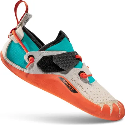 Kinderkletterschuh Gripit von La Sportiva; farblich in Weiß; Blau und Orange; mit rutschfester Sohle und verstärktem Zehenbereich.