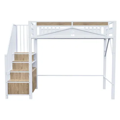 Produktbild von Flieks Etagenbett 90x200cm mit Treppe, Hochbett mit Schrank und Staufach, Kinderbett mit Rausfallschutz und Lattenrost, Metallbett Einzelbett, Weiß