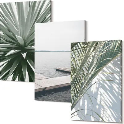 Produktbild von Leinwandbilder – Wandbilder – Leinwandbild – Canvas Bild – Polycanvas – Kunstdruck –  – Modern – Aufhängefertig – Mehrteilig – 3-Teilig – 40x60 Cm Pro Bild - Palmblätterpflanze und Holzbrücke