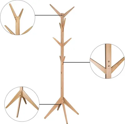 A wooden coat rack with multiple hooks and a tripod base, shown against a white background with close-up insets highlighting construction details.