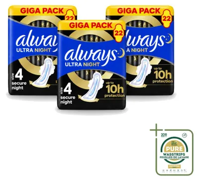 Imagen del producto de 3 paquetes de compresas nocturnas Always Ultra Secure con alas, para mujer - Pack ahorro - 3 unidades por paquete