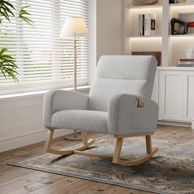 Produktbild von ProximaX Mid-Century Modern gepolsterter Schaukelstuhl mit hoher Rückenlehne für Wohnzimmer, Massivholzrahmen, hochwertige Stoffe (Hellgrau)