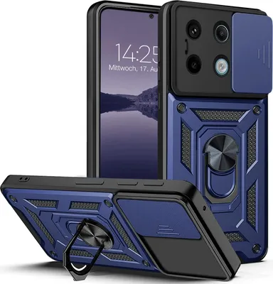 A blue and black armor phone case with a ring stand and camera cover, shown from multiple angles with a phone inside one of the cases.