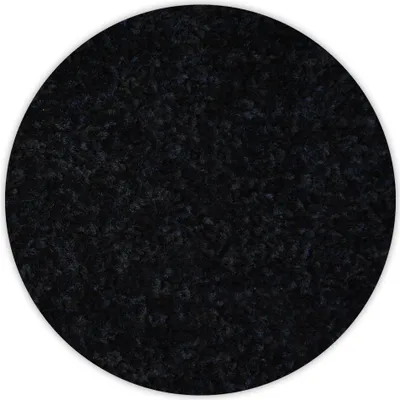 A circular black rug shown from a top-down perspective against a white background.