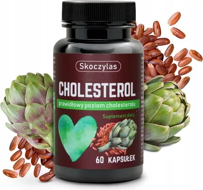 A bottle of Skoczylas Cholesterol supplement is shown, surrounded by artichokes and rice grains.