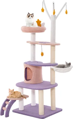 Produktbild von GOPLUS Kratzbaum, mehrstufiger Katzenbaum mit Sisalkratzpfosten, flugzeugförmige Plattform, Katzenspielzeugzubehör, gebogener Hängematte, Katzenkratzbaum Kletterbaum für drinnen (59x49x158cm)