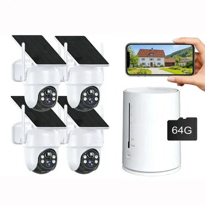 Produktbild von 【5MP+360°PTZ】 Überwachungskamera Set Aussen WLAN, 4CH 5MP 4Pcs WiFi Kameras mit Farbe Nachtsicht, 2-Wege Audio, 24/7 Aufnahme