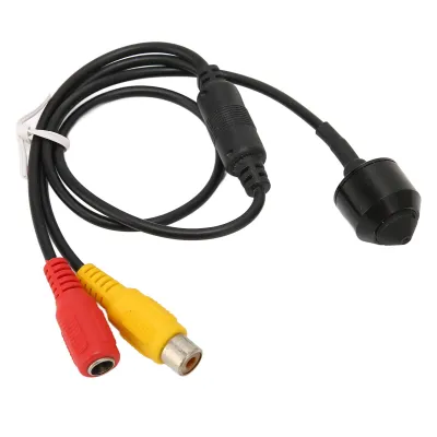 A black mini camera with red and yellow RCA connectors and a black cable, isolated on a white background.