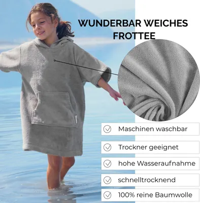 Produktbild von CalmyBEACH Frottee Badeponcho Kinder Bademantel  - Grau 10-13 Jahre 100% Baumwolle