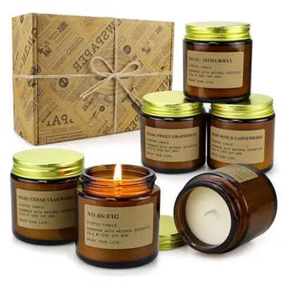 Productafbeelding van Geurkaarsen in glazen potjes, set van 6, 600 gram, sojawas, brandduur 150 uur, bruin