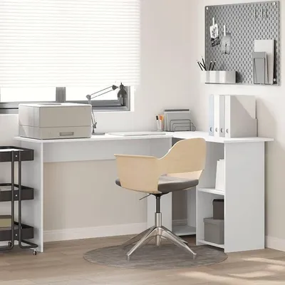 Imagen del producto de Escritorio con estantería, blanco, fabricado en material de madera, 142 x 102 x 73 cm. Escritorio de esquina con espacio de almacenamiento, ideal para oficina y teletrabajo. Mesa de trabajo moderna con amplia superficie de trabajo y diseño ergonómico
