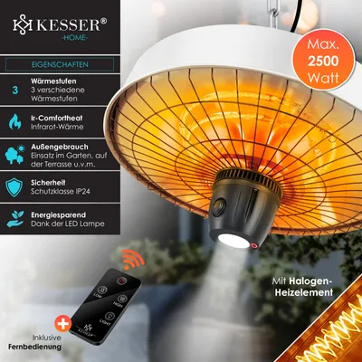 Image de Chauffage de plafond KESSER® | Chauffage parasol infrarouge 2500 W | Chauffage de terrasse avec télécommande | Chauffage à quartz | Éclairage LED | Plafond | Chauffage infrarouge | Avec chaîne + mousqueton | Élément chauffant en carbone