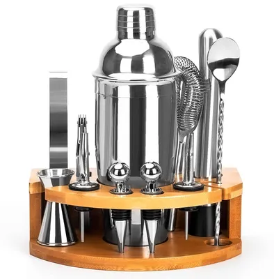 Produktbild von TRANKIELO® – 12-teiliges Cocktail-Shaker-Set – Edelstahl, 750 ml, Bambus-Ständer, inklusive Rezeptbuch