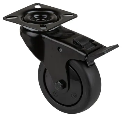 Produktbild von BS Rollen Lenkrolle mit Feststeller Rad-Ø 75 mm Tragfähigkeit 60 kg, mit Anschraubplatte mit Totalfeststeller, Gummi schwarz