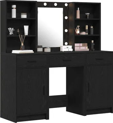 Produktbild von vidaXL Schminktischset mit LED mit Regal 3 pcs Schwarz Eichen-Optik