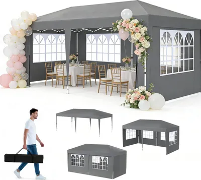 Produktbild von UISEBRT Faltpavillon 3x6 m Faltbar Gartenpavillon wasserdicht UV-Schutz Partyzelt mit Tasche Grau, 6 Seitenwände (4 Fenster, 2 Reißverschluss)