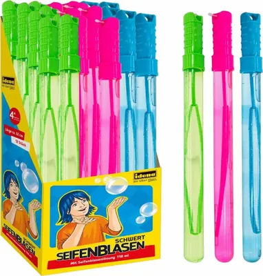 Produktbild von Idena Seifenblasenschwert 118ml 3fach sortiert, grün, pink oder blau, Ornamente am Griff,, 32cm lang und mit 118ml Seifenblasenlösung befüllt,, ab 4 Jahren