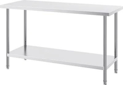 Obrázok produktu pre SucceBuy Prípravný stôl z nehrdzavejúcej ocele, 61 x 152 x 86 cm, nosnosť 391 kg, robustný kovový pracovný stôl s 3 nastaviteľnými výškovými úrovňami, komerčné pracovisko do kuchyne, garáže, reštaurácie