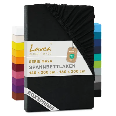Produktbild von Lavea® Spannbettlaken 140-160x200 cm - Boxspringbett, Jersey, 40 cm Steghöhe, 100% Baumwolle, weich, atmungsaktiv, pflegeleicht, formstabil - Schwarz