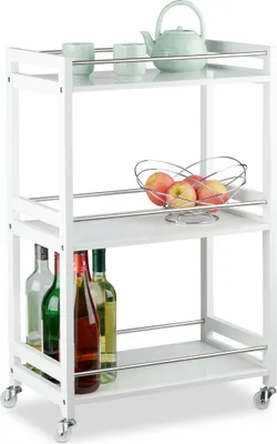 Produktbild von Relaxdays Servierwagen mit 3 Ablagen, Servicewagen, Teewagen, aus Bambus, MDF, Stahl, HxBxT: 80,5 x 51 x 30 cm, weiß