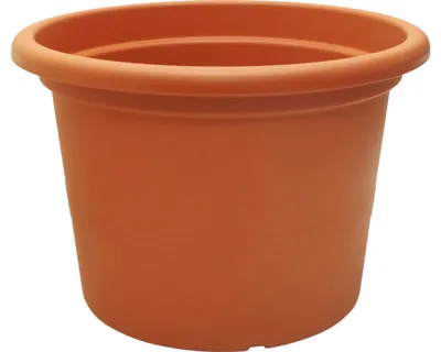 A terracotta-colored plastic planter pot is shown against a white background.