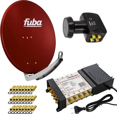 A collection of satellite dish components, including a red satellite dish, an LNB, a multiswitch, and connectors, arranged on a white background.