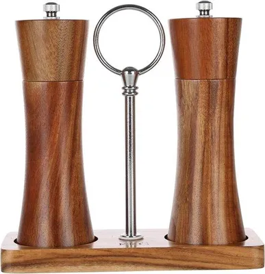 Zdjęcie produktu dla Ręczny młynek z drewna akacjowego, ceramiczny mechanizm mielący, do gruboziarnistej soli i pieprzu, 15 cm, zestaw 2 sztuk