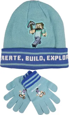 Produktbild von Minecraft Gamer Steve Kinder 2tlg Set Wintermütze Mütze plus Handschuhe – Blau / 56