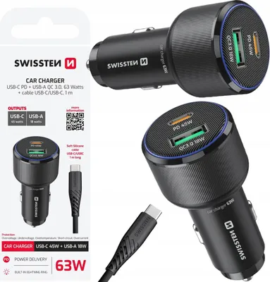 Zdjęcie produktu dla Ładowarka Samochodowa 1x Usb-c Pd + 1x Usb-a 63 W Kabel Usb-c 1m
