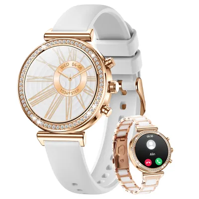Produktbild von Elegante Smartwatch Damen mit Telefonfunktion 2026 Gold rund mit Blutdruckmessung für Android und Apple Geräte wasserdicht mit Armbandwechsel