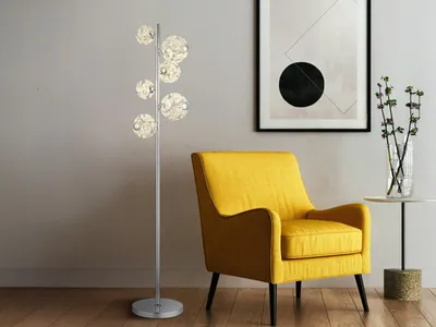 Produktbild von Globo Lighting Stehleuchte Metall verchromt, K9 Kristalle klar, Kabel PVC transparent, Fußtrittschalter im Kabel, LxBxH: 380x280x1550mm, Kabellänge 1800mm, inkl. LED 48W 230V, 4866lm Source, 4579lm Output, 3000K