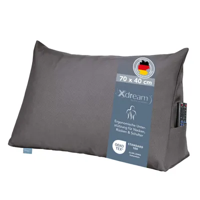 Produktbild von XDREAM Rückenkissen / Lesekissen für Bett & Sofa | Keilkissen mit Seitenfach | 70 x 40 x 20 cm | Bezug abnehmbar & waschbar | dunkelgrau