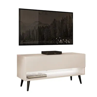 A modern TV stand with a TV mounted above it.