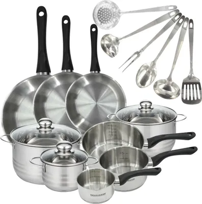 Image de Batterie de cuisine avec 3 poêles 20/24/28 cm et 3 casseroles 12/16/20 cm avec 6 ustensiles de cuisine Fackelmann Généva Brillant Oxford