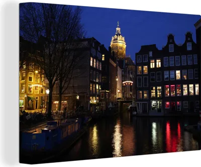 Produktbild von OneMillionCanvasses® - Leinwandbilder - 140x90 cm, Reflexion von Lichtern in einer Amsterdamer Gracht, Wandbilder Kunstdruck Wanddekoration - Foto auf Leinwand - Gemälde auf