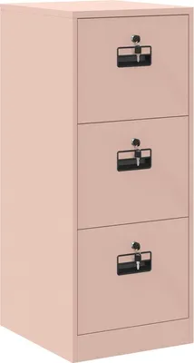 A pink metal filing cabinet with three drawers.
