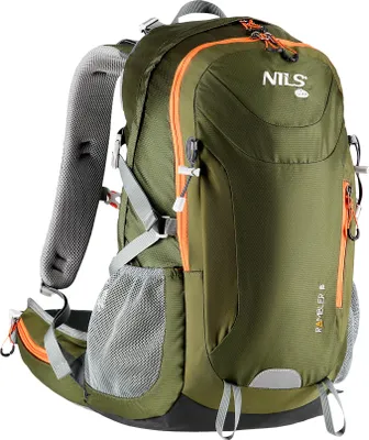 A green hiking backpack with orange accents is shown against a white background.