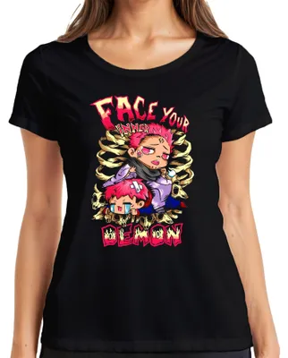 Zdjęcie produktu dla Koszulka damska Face Your Inner Demon Chibi Anime Aesthetics Skull Gothic Otaku, czarny, 3XL