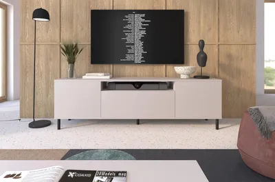 Produktbild von TV-Schrank Masimo 180 cm, TV Lowboard mit vier Regalen, Schrank fürs Wohnzimmer, Push-to-Open, Hohe, abgerundete Füße - Kaschmir
