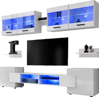 Obrázek produktu pro Extreme Furniture Vision | Nábytek Do Obývacího Pokoje S Tv Skříňkou, 2 Vitrínami A 2 Policemi Bílý Korpus A Bílá Čela