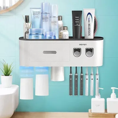 Produktbild von Tandborstelhalter Wandmontage mit 2 automatischen Zahncremetabletten, 6 Zahnputzstiftenhaltern, 3 magnetischen Bechern, 1 Aufbewahrungsbox und großem Aufbewahrungsraum