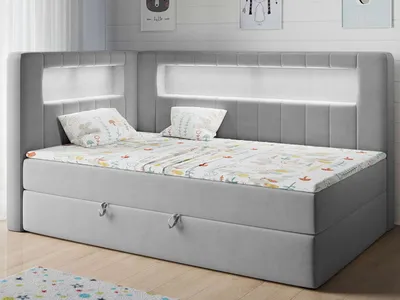 Produktbild von Polsterbett 90x200, Kinderbett mit LED, Matratze und Topper - JUNIOR-GOLD-3 - Grau - Linke Seite