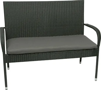 A dark gray woven bench with a gray cushion, shown from the front on a white background.