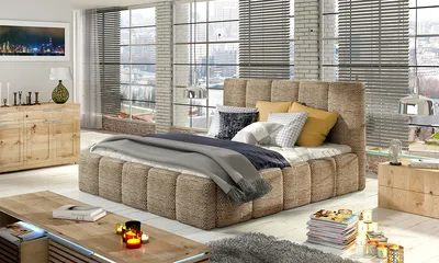 A bedroom scene with a bed, dresser, and coffee table.