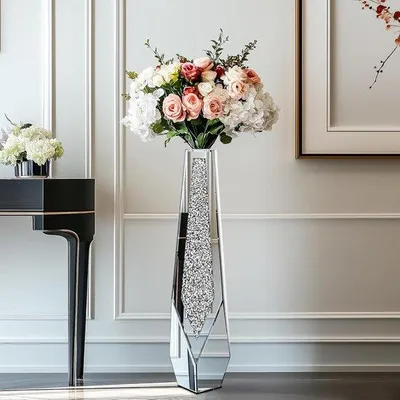 Produktbild von Große Bodenvase, 85 cm hoch: Silberne Vase mit Kristallen, geeignet für Pampasgras, Glasvase mit Spiegel-Diamanten, rutschfeste Vasen für Wohnräume