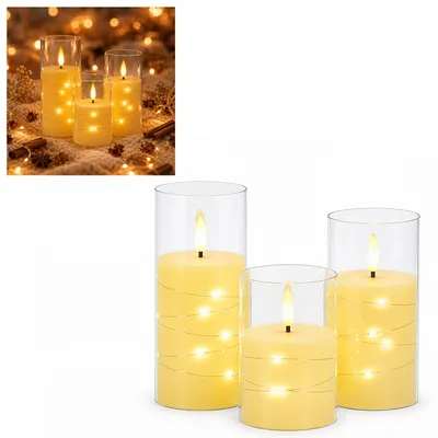 Image de Bougies LED Vigevee, ensemble de 3, avec guirlande lumineuse et télécommande, sans flamme, lumière blanche chaude, avec des gobelets en acrylique transparent