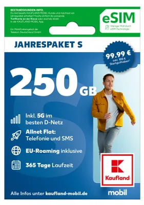 Produktbild von KAUFLAND MOBIL Prepaid eSIM Jahrespaket Smart S (250 GB) mit 5G im besten D-Netz (digitales Produkt)