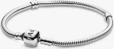 A silver Pandora Moments bracelet is shown against a white background.